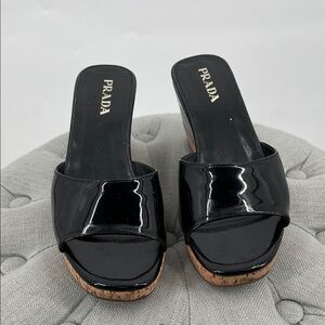 Prada Black Patent Leather Wedges Y2K